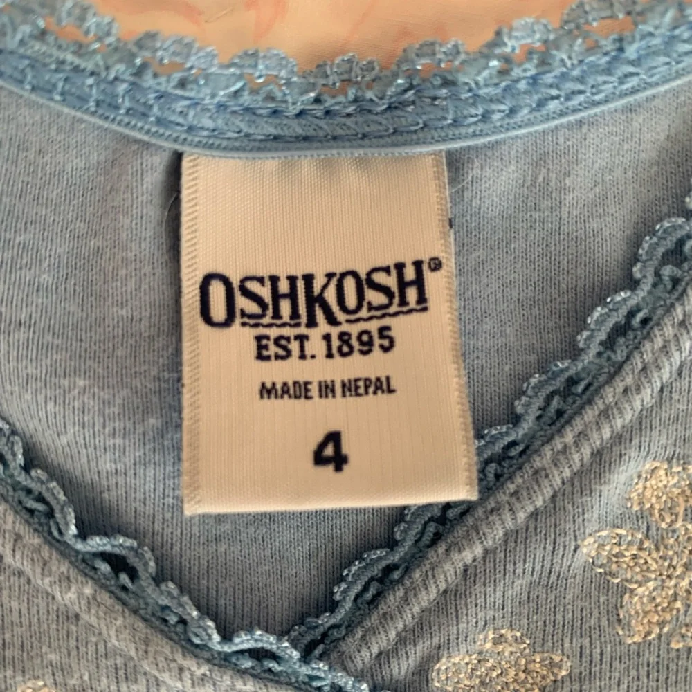Vintage OshKosh Shirt Girls Size 4 Blue White Floral Embroidered Top Scalloped
